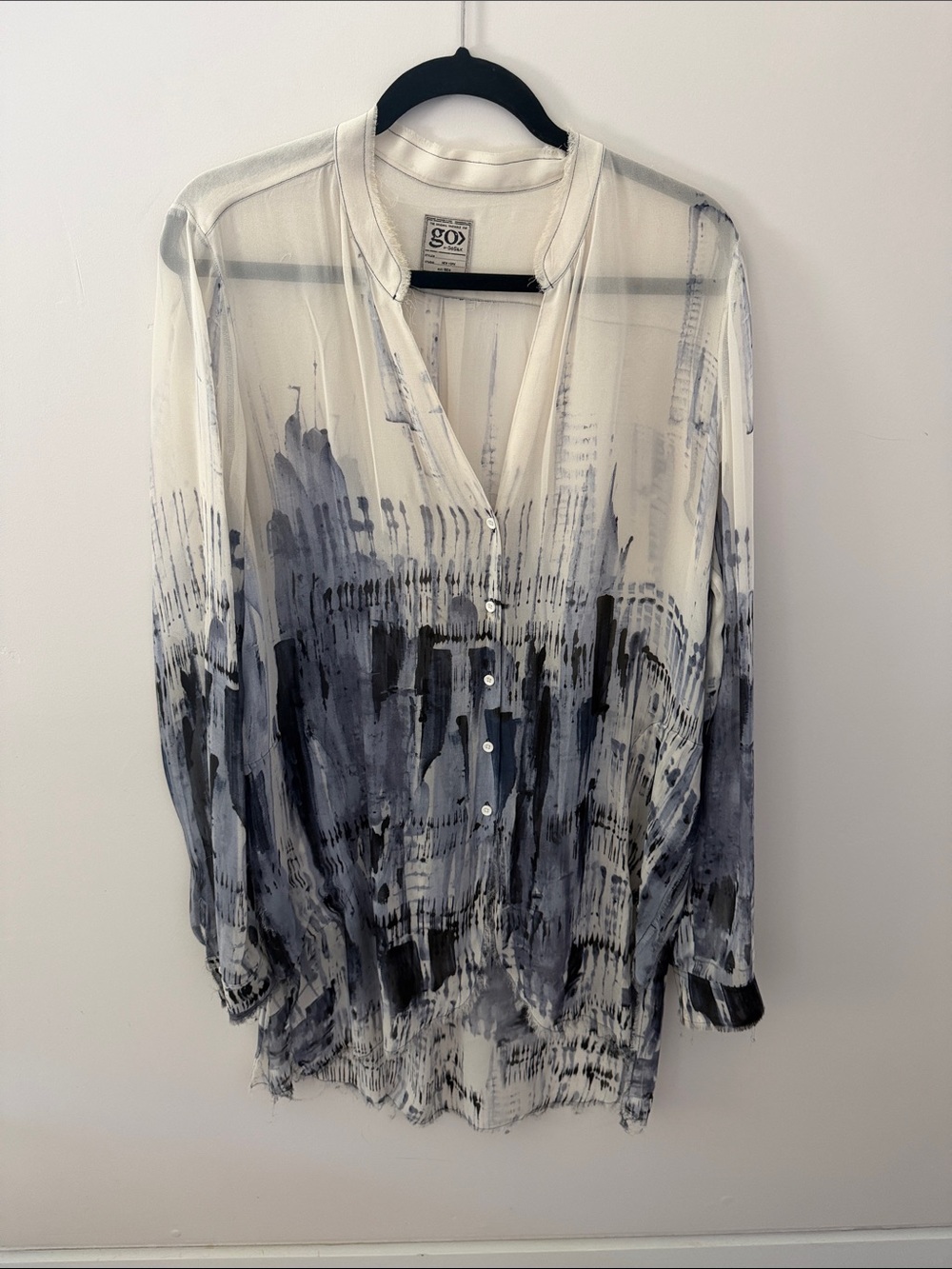 Abstract Watercolor Silk Button-Up Blouse/Tunic in White and Shades of Blue